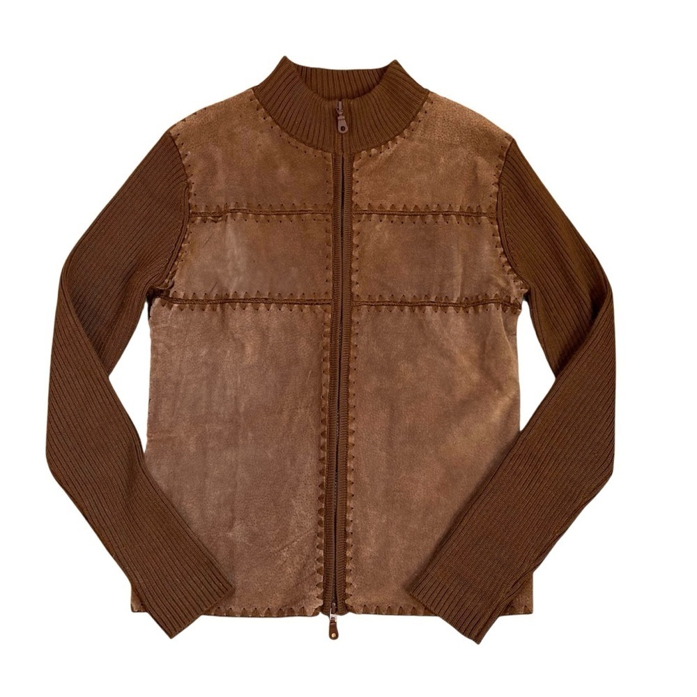 Vintage Wool Blend Suede Leather Patchwork Zip Cardigan Jacket Sweater Boho 70s
